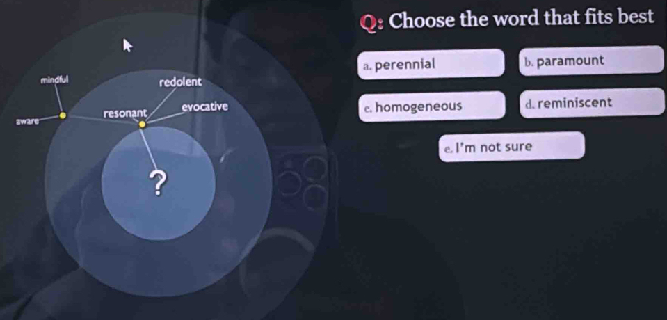 Choose the word that fits best
a. perennial b. paramount
mindful redolent
aware resonant evocative
c. homogeneous d. reminiscent
e. l'm not sure
?