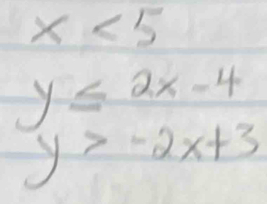 x<5</tex>
y≤ 2x-4
y>-2x+3