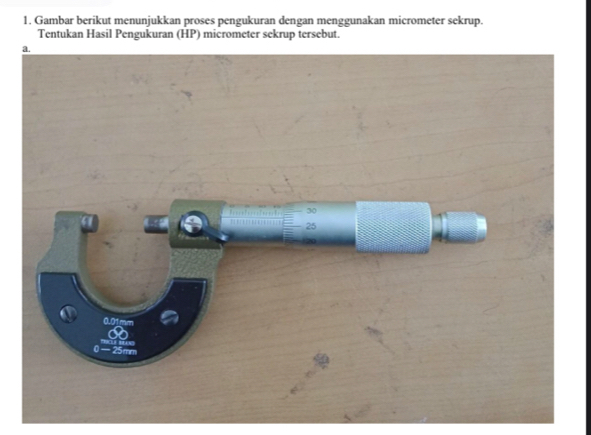 Gambar berikut menunjukkan proses pengukuran dengan menggunakan micrometer sekrup. 
Tentukan Hasil Pengukuran (HP) micrometer sekrup tersebut.