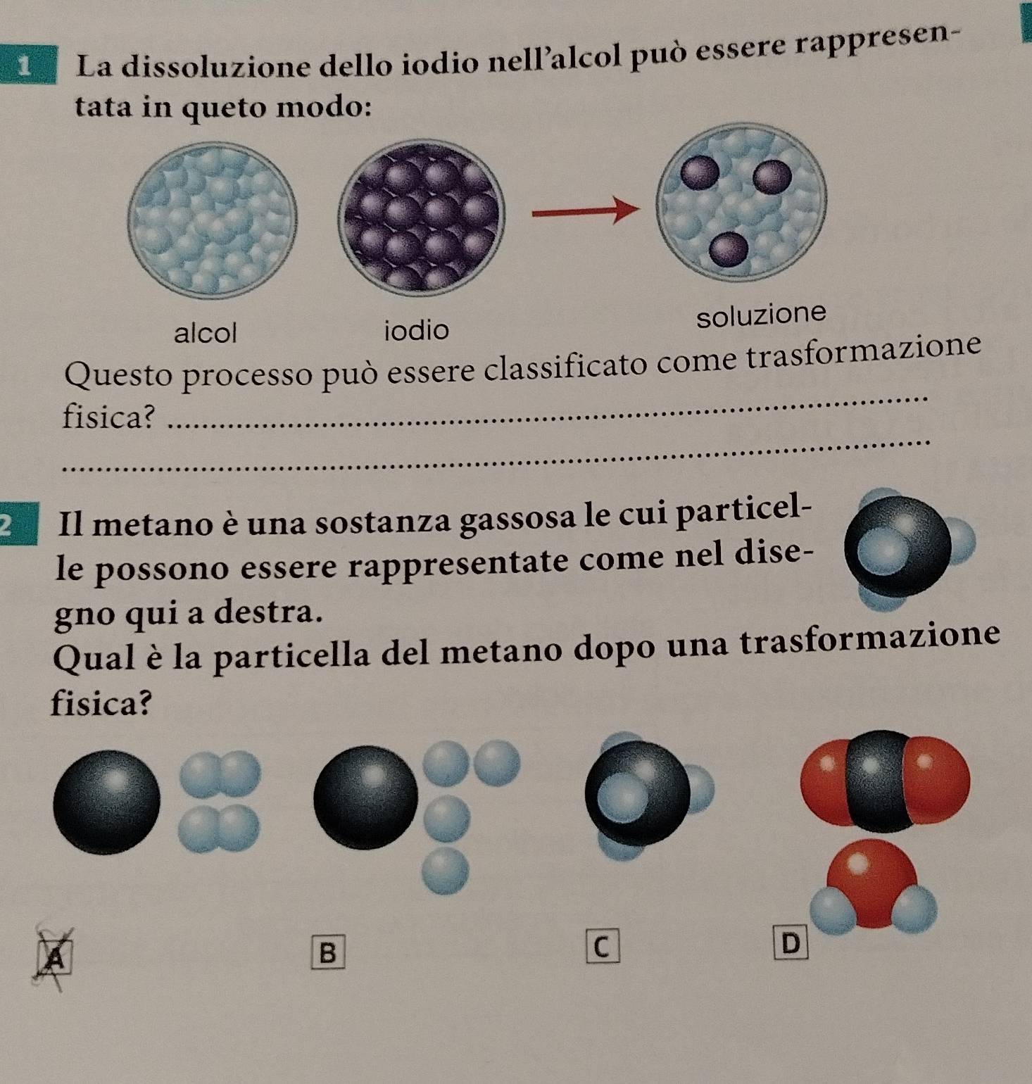 La dissoluzione dello iodio nell’alcol può essere rappresen-
tata in queto modo:
alcol iodio soluzione
_
Questo processo può essere classificato come trasformazione
_
fisica?
20 Il metano è una sostanza gassosa le cui particel-
le possono essere rappresentate come nel dise-
gno qui a destra.
Qual è la particella del metano dopo una trasformazione
fisica?
B
C
D