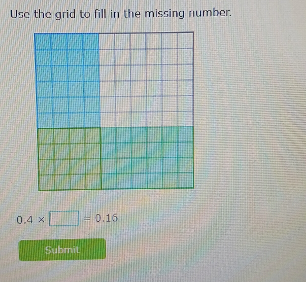 Use the grid to fill in the missing number.
0.4* □ =0.16
Submit