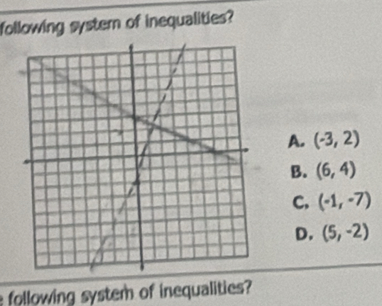 following syster of inequalities?
A. (-3,2)
B. (6,4)
C, (-1,-7)
D. (5,-2)
following system of inequalities?