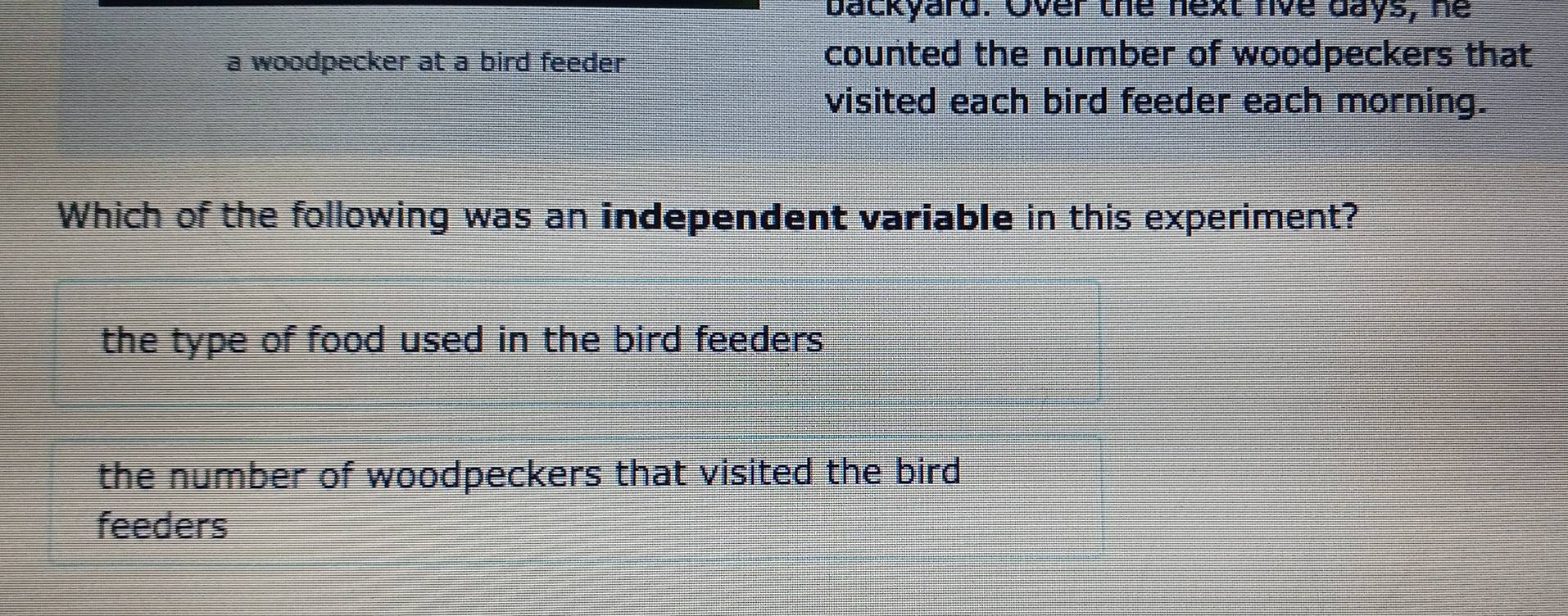 backyard. Over the next five days, he
a woodpecker at a bird feeder
counted the number of woodpeckers that
visited each bird feeder each morning.
Which of the following was an independent variable in this experiment?
the type of food used in the bird feeders
the number of woodpeckers that visited the bird
feeders