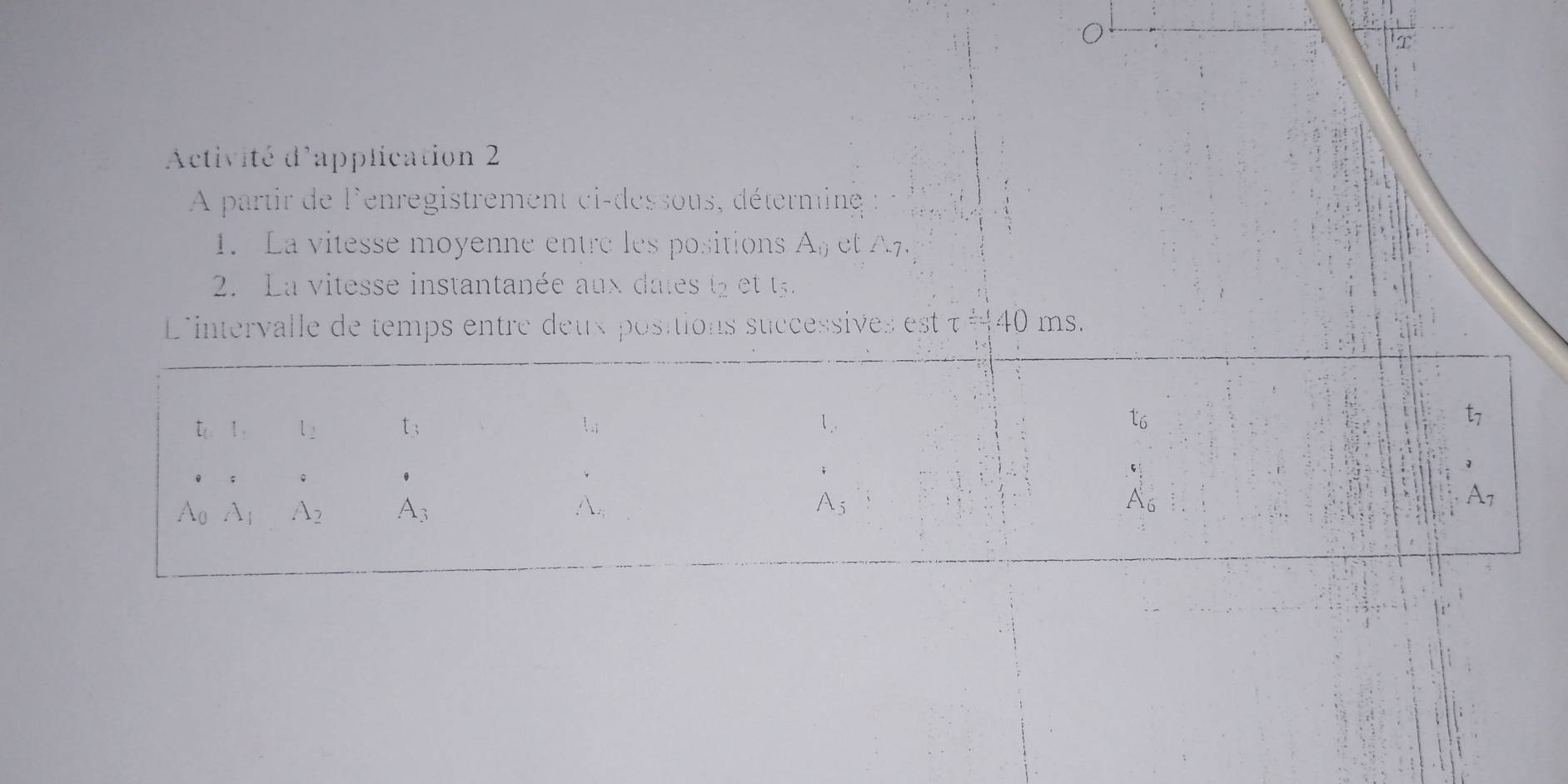 Activité d'application 2 
A partir de l'enregistrement ci-dessous, détermine 
1. La vitesse moyenne entre les positions A_(j et ∠ '-7. 
2. La vitesse instantanée aux dates t2 et t3. 
L'intervalle de temps entre deux positions successives est t^(frac 1)240 ms.
t_1, t_1 l_2 t_3 1 ; l_. tó t_7; 。
A_0 A_1 A_2 A_3 A_5 A A_7