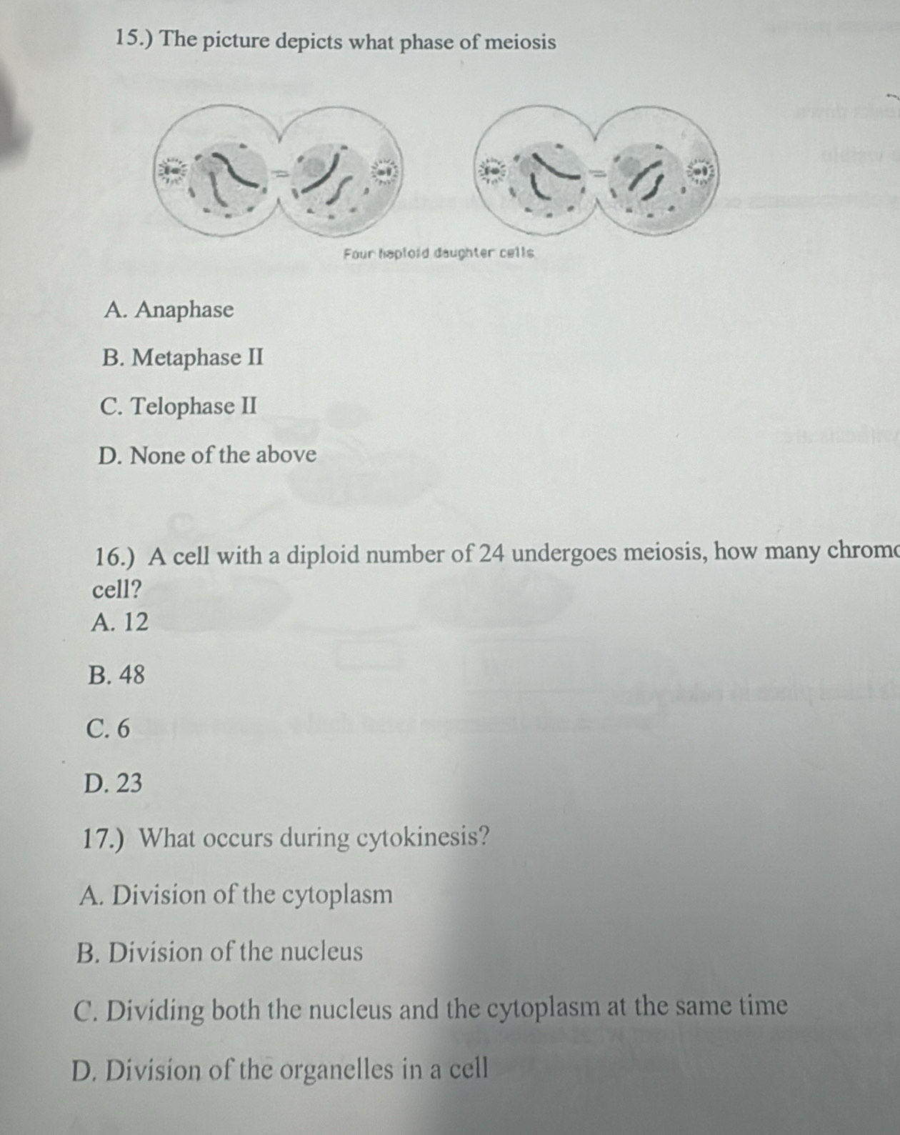 15.) The picture depicts what phase of meiosis
Four haploid daughter cells
A. Anaphase
B. Metaphase II
C. Telophase II
D. None of the above
16.) A cell with a diploid number of 24 undergoes meiosis, how many chrom
cell?
A. 12
B. 48
C. 6
D. 23
17.) What occurs during cytokinesis?
A. Division of the cytoplasm
B. Division of the nucleus
C. Dividing both the nucleus and the cytoplasm at the same time
D. Division of the organelles in a cell