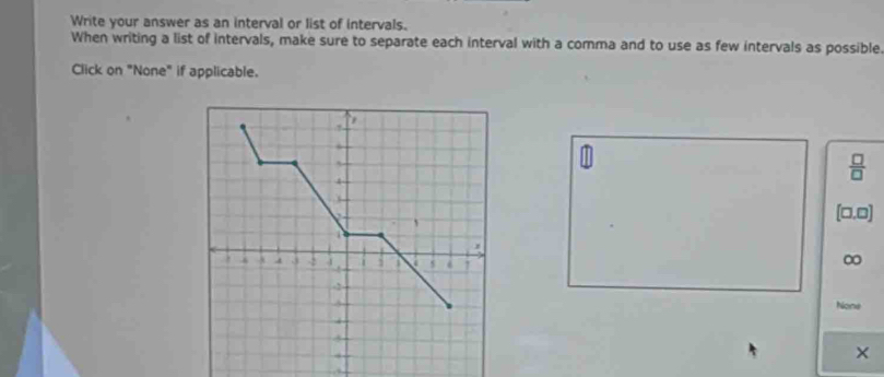 Write your answer as an interval or list of intervals. 
When writing a list of intervals, make sure to separate each interval with a comma and to use as few intervals as possible 
Click on "None" if applicable.
 □ /□  
(□,□)
None 
×