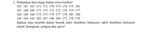 Perhatikan data tinggi badan siswa berikut!
163 167 167 171 172 170 174 176 175 181
161 168 169 173 173 172 172 176 175 177
166 166 168 174 173 178 177 176 183 180
165 164 165 185 167 166 184 172 178 179
Sajikan data tersebut dalam bentuk tabel distribusi frekuensi, tabel distribusi frekuensi 
relatif, histogram, poligon dan ogive!