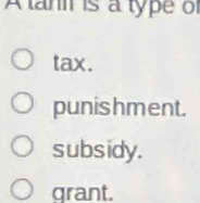 A tan is a type of
tax.
punishment.
subsidy.
grant.