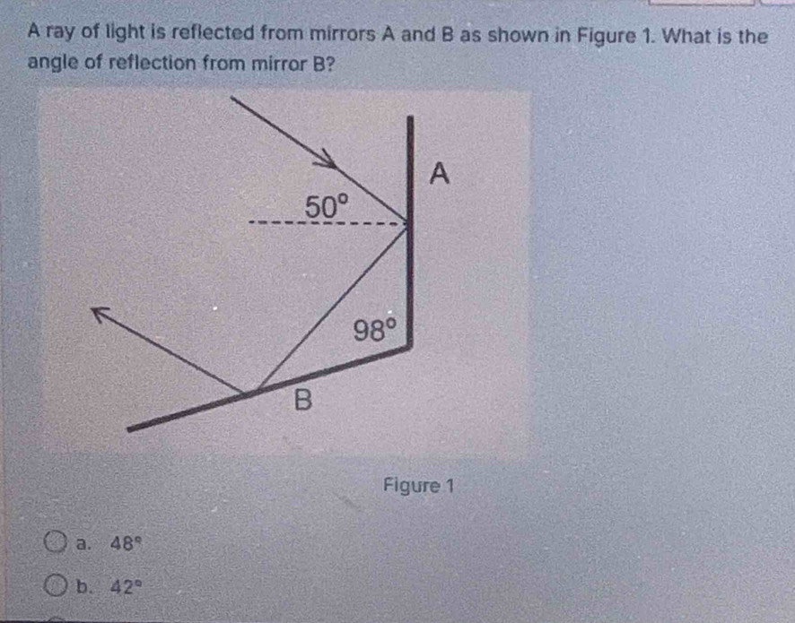 A ray of light is reflected from mirrors A and B as shown in Figure 1. What is the
angle of reflection from mirror B?
Figure 1
a. 48°
b. 42°