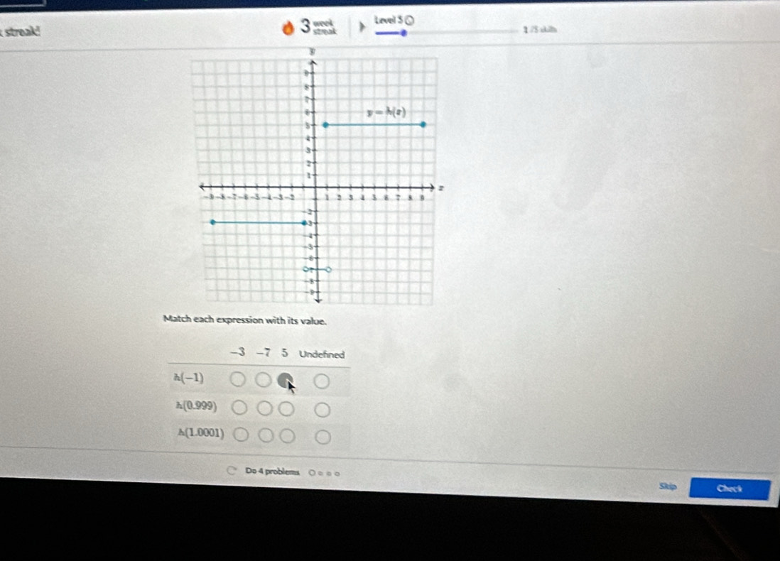 streak! streak week Level 50 1 /5 shilth
Match each expression with its value.
-3 -7 5 Undefined
h(-1)
h(0.999)
A(1.0001)
Do 4 problems O○○○
Skip Check