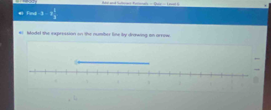 Reody Add and Suberact Rutionals — Quiz — Level G 
4 Find -3-2 1/3 . 
€ Model the expression on the number line by drawing an arrow.