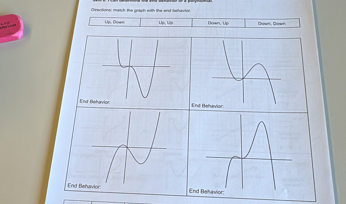 Directions: match the graph with the end behavior.
Up, Down
(199 ( 199 S.IECE Up, Up Down, Up Down, Down
En