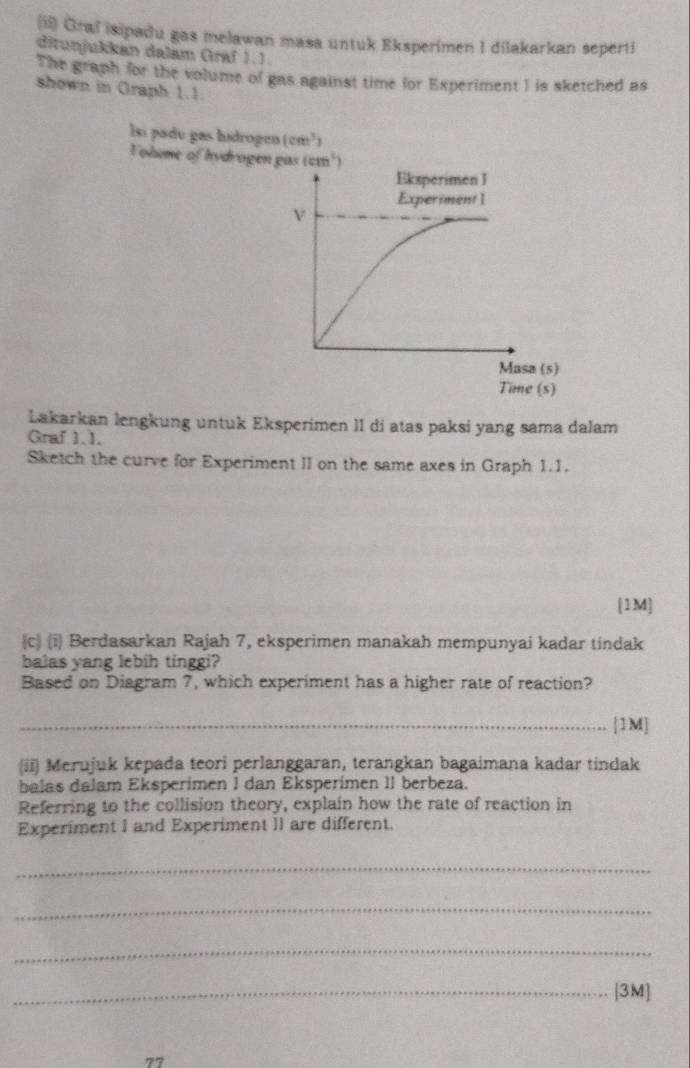 (ii) Graf isipadu gas melawan masa untuk Eksperimen I dilakarkan seperti 
ditunjukkan dalam Graf 1.1. 
The graph for the volume of gas against time for Experiment I is sketched as 
shown in Graph 1.1 
lsí padu gas hidrogen (cm^3)
Volume of hydrogen gas (cm^3
Łakarkan lengkung untuk Eksperimen II di atas paksi yang sama dalam 
Graf 1.1. 
Sketch the curve for Experiment II on the same axes in Graph 1.1. 
[1M] 
c (i Berdasarkan Rajah 7, eksperimen manakah mempunyai kadar tindak 
balas yang lebih tinggi? 
Based on Diagram 7, which experiment has a higher rate of reaction? 
_[1M] 
(ii) Merujuk kepada teori perlanggaran, terangkan bagaimana kadar tindak 
balas dalam Eksperimen 1 dan Eksperimen 1I berbeza. 
Referring to the collision theory, explain how the rate of reaction in 
Experiment I and Experiment II are different. 
_ 
_ 
_ 
_[3M]