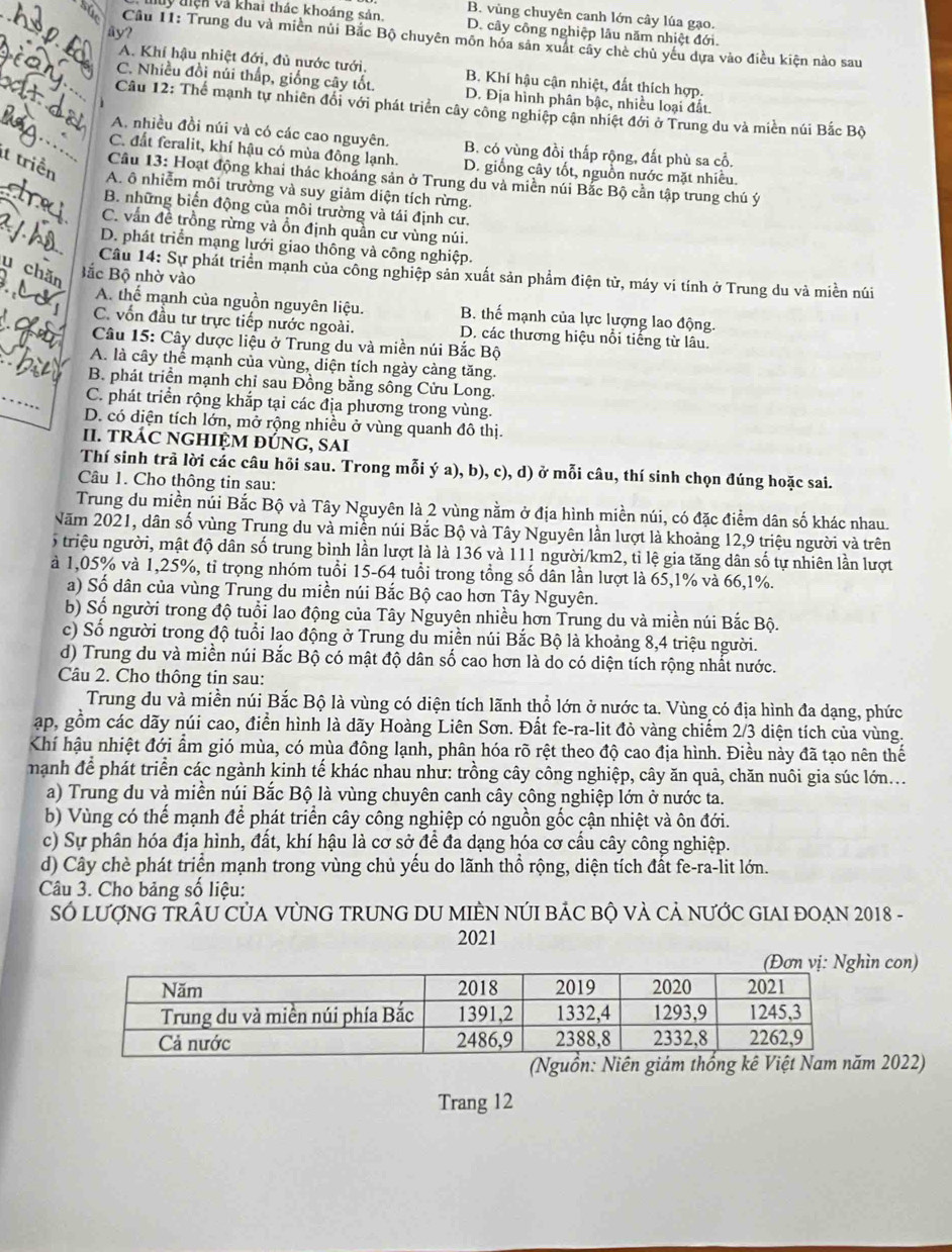 B. vùng chuyên canh lớn cây lúa gạo.
thuy thên và khai thác khoảng sản. D. cây công nghiệp lâu năm nhiệt đới.
äy?
_ Cầu 11: Trung du và miền nủi Bắc Bộ chuyên môn hóa sản xuất cây chè chủ yếu dựa vào điều kiện nào sau
_A. Khí hậu nhiệt đới, đủ nước tưới. B. Khí hậu cận nhiệt, đất thích hợp.
C. Nhiều đồi núi thấp, giống cây tốt. D. Địa hình phân bậc, nhiều loại đất.
Câu 12: Thể mạnh tự nhiên đối với phát triển cây công nghiệp cận nhiệt đới ở Trung du và miền núi Bắc Bộ
_A. nhiều đồi núi và có các cao nguyên. B. có vùng đồi thấp rộng, đất phù sa cổ.
C. đất feralit, khí hậu có mùa đông lạnh. D. giống cây tốt, nguồn nước mặt nhiều.
Câu 13: Hoạt động khai thác khoảng sản ở Trung du và miền núi Bắc Bộ cần tập trung chú ý
t triển A. ô nhiễm môi trường và suy giảm diện tích rừng.
B. những biển động của môi trường và tái định cư.
_
C. vấn đề trồng rừng và ồn định quần cư vùng núi.
D. phát triển mạng lưới giao thông và công nghiệp.
_
Câu 14: Sự phát triển mạnh của công nghiệp sản xuất sản phẩm điện tử, máy vi tính ở Trung du và miền núi
Bắc Bộ nhờ vào
A. thể mạnh của nguồn nguyên liệu. B. thế mạnh của lực lượng lao động.
C. vốn đầu tư trực tiếp nước ngoài. D. các thương hiệu nổi tiếng từ lâu.
_
Câu 15: Cây dược liệu ở Trung du và miền núi Bắc Bộ
A. là cây thể mạnh của vùng, diện tích ngày càng tăng.
_
B. phát triển mạnh chỉ sau Đồng bằng sông Cửu Long.
C. phát triển rộng khắp tại các địa phương trong vùng.
D. có diện tích lớn, mở rộng nhiều ở vùng quanh đô thị.
II. TRÁC NGHIỆM ĐÚNG, SAI
Thí sinh trã lời các câu hỏi sau. Trong mỗi ý a), b), c), d) ở mỗi câu, thí sinh chọn đúng hoặc sai.
Câu 1. Cho thông tin sau:
Trung du miền núi Bắc Bộ và Tây Nguyên là 2 vùng nằm ở địa hình miền núi, có đặc điểm dân số khác nhau.
Năm 2021, dân số vùng Trung du và miền núi Bắc Bộ và Tây Nguyên lần lượt là khoảng 12,9 triệu người và trên
5 triệu người, mật độ dân số trung bình lần lượt là là 136 và 111 người/km2, tỉ lệ gia tăng dân số tự nhiên lần lượt
à 1,05% và 1,25%, tỉ trọng nhóm tuổi 15-64 tuổi trong tổng số dân lần lượt là 65,1% và 66,1%.
a) Số dân của vùng Trung du miền núi Bắc Bộ cao hơn Tây Nguyên.
b) Số người trong độ tuổi lao động của Tây Nguyên nhiều hơn Trung du và miền núi Bắc Bộ.
c) Số người trong độ tuổi lao động ở Trung du miền núi Bắc Bộ là khoảng 8,4 triệu người.
d) Trung du và miền núi Bắc Bộ có mật độ dân số cao hơn là do có diện tích rộng nhất nước.
Câu 2. Cho thông tin sau:
Trung du và miền núi Bắc Bộ là vùng có diện tích lãnh thổ lớn ở nước ta. Vùng có địa hình đa dạng, phức
ập, gồm các dãy núi cao, điển hình là dãy Hoàng Liên Sơn. Đất fe-ra-lit đỏ vàng chiếm 2/3 diện tích của vùng.
Khí hậu nhiệt đới ẩm gió mùa, có mùa đồng lạnh, phân hóa rõ rệt theo độ cao địa hình. Điều này đã tạo nên thế
mạnh để phát triển các ngành kinh tế khác nhau như: trồng cây công nghiệp, cây ăn quả, chăn nuôi gia súc lớn...
a) Trung du và miền núi Bắc Bộ là vùng chuyên canh cây công nghiệp lớn ở nước ta.
b) Vùng có thể mạnh để phát triển cây công nghiệp có nguồn gốc cận nhiệt và ôn đới.
c) Sự phân hóa địa hình, đất, khí hậu là cơ sở để đa dạng hóa cơ cấu cây công nghiệp.
d) Cây chè phát triển mạnh trong vùng chủ yếu do lãnh thổ rộng, diện tích đắt fe-ra-lit lớn.
Câu 3. Cho bảng số liệu:
SÓ LƯợNG TRÂU CỦA VỦNG TRUNG DU MIÈN NÚI BẢC Bộ VÀ Cả NƯỚC GIAI ĐOẠN 2018 -
2021
n con)
(Nguồn: Niên giám thổng kê Việt N 2022)
Trang 12