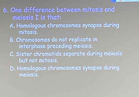 One difference between mitosis and
meiosis I is that:
A. Homologous chromosomes synapse during
mitosis,
B. Chromosomes do not replicate in
interphase preceding meiosis.
C. Sister chromatids separate during meiosis
but not mitosis.
D. Homologous chromosomes synapse during
meiosis.