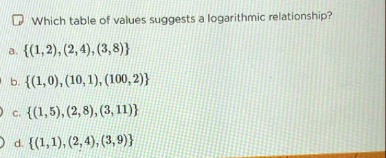 Which table of values suggests a logarithmic relationship?
a.  (1,2),(2,4),(3,8)
b.  (1,0),(10,1),(100,2)
C.  (1,5),(2,8),(3,11)
d.  (1,1),(2,4),(3,9)