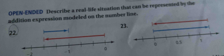 OPEN-ENDED Describe a real-life situation that can be represented by the 
addition expression modeled on the number 
23.
22
-2