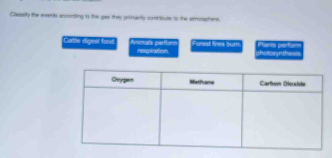 Clessily the events acsonding to thie gas they primanly contributle to the amoaphent.
Cattle digesl food Animals perbum Forest lres bur Plants parttim
me pation phctosynthesis