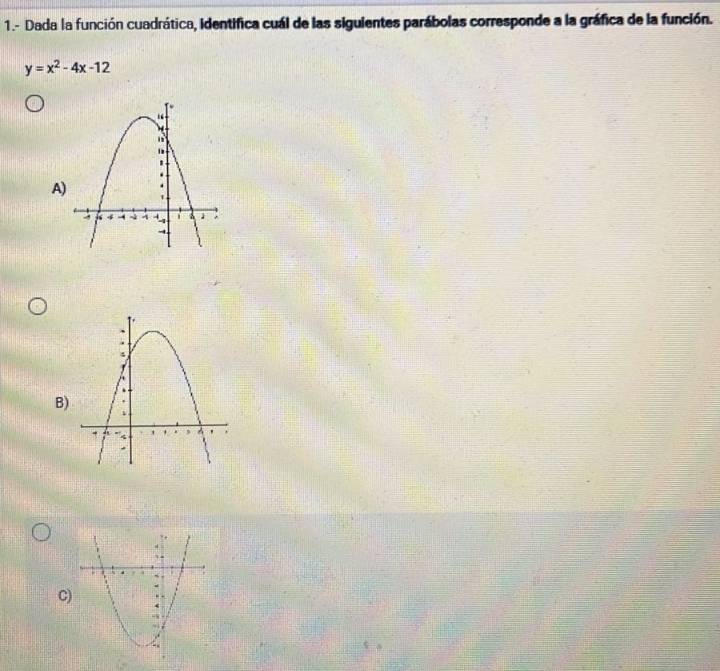 1.- Dada la función cuadrática, identifica cuál de las siguientes parábolas corresponde a la gráfica de la función.
y=x^2-4x-12
A
B)
C