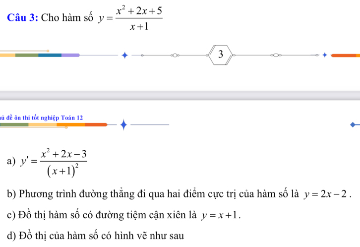 Cho hàm số y= (x^2+2x+5)/x+1 
3
đủ đề ôn thi tốt nghiệp Toán 12
a) y'=frac x^2+2x-3(x+1)^2
b) Phương trình đường thăng đi qua hai điểm cực trị của hàm số là y=2x-2.
c) Đồ thị hàm số có đường tiệm cận xiên là y=x+1.
d) Đồ thị của hàm số có hình vẽ như sau