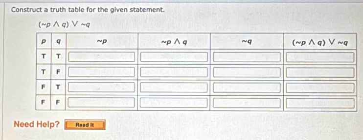 Construct a truth table for the given statement.
(sim pwedge q)vee sim q
Need Help? Read it