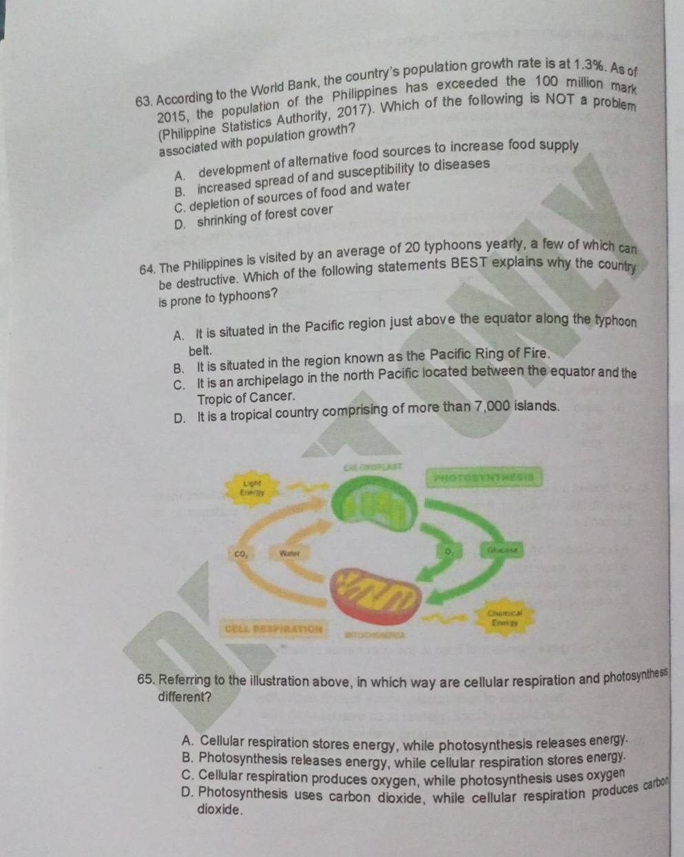 According to the World Bank, the country's population growth rate is at 1.3%. As of
2015, the population of the Philippines has exceeded the 100 million mark
(Philippine Statistics Authority, 2017). Which of the following is NOT a problem
associated with population growth?
A. development of alternative food sources to increase food supply
B. increased spread of and susceptibility to diseases
C. depletion of sources of food and water
D. shrinking of forest cover
64. The Philippines is visited by an average of 20 typhoons yearly, a few of which can
be destructive. Which of the following statements BEST explains why the country
is prone to typhoons?
A. It is situated in the Pacific region just above the equator along the typhoon
belt.
B. It is situated in the region known as the Pacific Ring of Fire.
C. It is an archipelago in the north Pacific located between the equator and the
Tropic of Cancer.
D. It is a tropical country comprising of more than 7,000 islands.
65. Referring to the illustration above, in which way are cellular respiration and photosynthes
different?
A. Cellular respiration stores energy, while photosynthesis releases energy.
B. Photosynthesis releases energy, while cellular respiration stores energy.
C. Cellular respiration produces oxygen, while photosynthesis uses oxygen
D. Photosynthesis uses carbon dioxide, while cellular respiration produces carbor
dioxide.