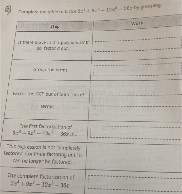 3x^4+9x^3-12x^2-36x by grouping.
T
fac
T