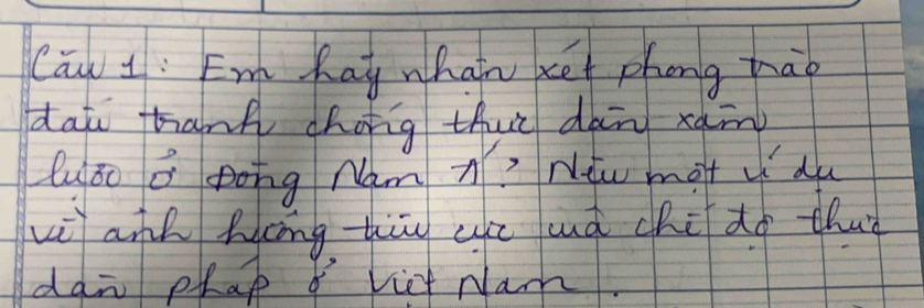 Can 1: Em Kay nhan xet phong thao 
dai hank cháig thuì dàn xàin 
Luáo a pong Nam A? Nw mot u du 
w ank hng hiu gn uà chi do thun 
dan phap o vict Nam.