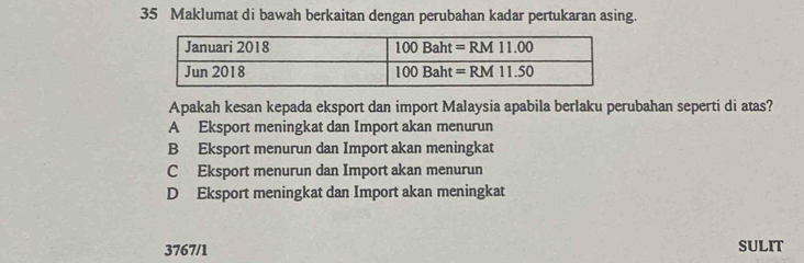 Maklumat di bawah berkaitan dengan perubahan kadar pertukaran asing.
Apakah kesan kepada eksport dan import Malaysia apabila berlaku perubahan seperti di atas?
A Eksport meningkat dan Import akan menurun
B Eksport menurun dan Import akan meningkat
C Eksport menurun dan Import akan menurun
D Eksport meningkat dan Import akan meningkat
3767/1 SULIT