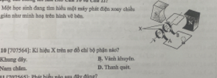 Một học sinh đang tìm hiểu một máy phát điện xoay chiều
giản như minh hoạ trên hình về bên
10 [707564] : Kí hiệu X trên sơ đồ chỉ bộ phận não?
Khung dây. B. Vành khuyên.
Nam chim. D. Thanh quêt.
11 (217164): Phát hiệ: nản sau đây đúng?