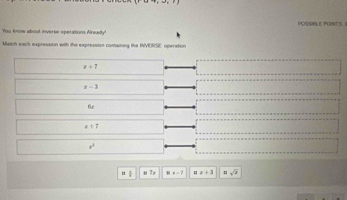 POSSIBLE POINTS. 
You know about inverse operations Already! 
Match each expression with the expression containing the INVERSE operation
x+7
x-3
6x
x/ 7
x^2
:: x/6  :: 7∞ ::x-7 :: x+3 :: sqrt(x)