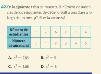 En la siguiente tabla se muestra el número de ausen-
cias de los estudiantes de décimo EGB a una clase a lo
largo de un mes. ¿Cuál es la varianza?
A. s^2=2,83 B. s^2=5
C. s^2=1,68 D. s^2=6