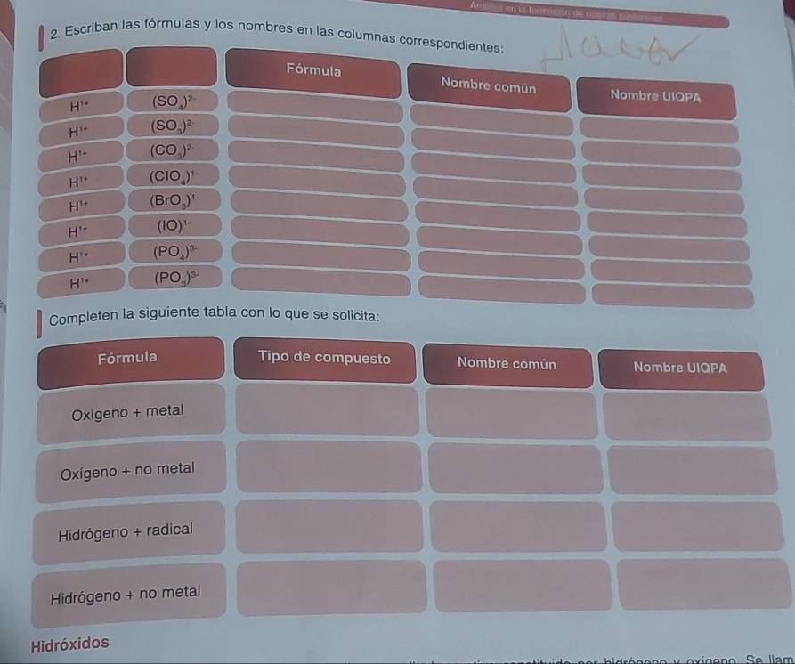 Anilisa en la formación
2. Escriban las fórmulas y los nombres en las columnas correspondientes:
Fórmula Nombre común
H^^1+ (SO_4)^2-
Nombre UIQPA
H'' (SO_3)^2-
H^(t+) (CO_3)^2-
H^(1+) (CIO_4)^1-
H^(1+) (BrO_3)^1-
H^(1+) (10)^1-
H^(1+) (PO_4)^3
H^(1+) (PO_3)^3-
Completen la siguiente tabla con lo que se solicita:
Fórmula Tipo de compuesto Nombre común Nombre UIQPA
Oxigeno + metal
Oxigeno + no metal
Hidrógeno + radical
Hidrógeno + no metal
Hidróxidos
an o Se lam