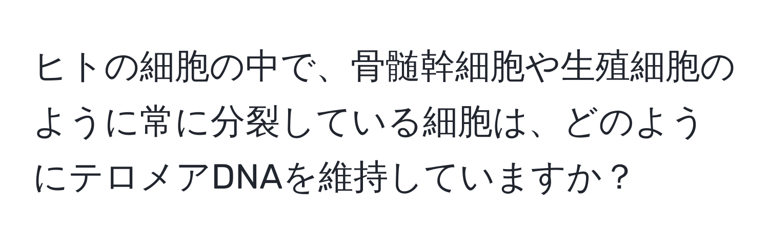 ヒトの細胞の中で、骨髄幹細胞や生殖細胞のように常に分裂している細胞は、どのようにテロメアDNAを維持していますか？