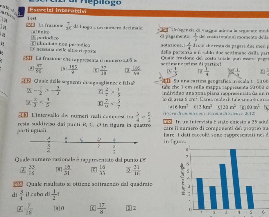 riepilógo
Esercizi interattivi
ente al partiene Test
R
R 580 La frazione  7/25  dà luogo a un numero decimale:   n Un'agenzia di viaggio adotta la seguente mod
R A finito
θ periodico
di pagamento:  1/5  del costo totale al momento della
R cillimitato non periodico notazione,  3/4  di ciò che resta da pagare due mesi p
D nessuna delle altre risposte
R della partenza e il saldo due settimane dalla par
581 La frazione che rappresenta il numero 2,05 è:  Quale frazione del costo totale può essere pagat
settimane prima di partire?
A  37/90  8  185/9  C  37/18  D  185/99  A  1/3  B  1/4   1/5  D  1/6 
591 Su una cartina geografica in scala 1:50 C 0
562 Quale delle seguenti disuguaglianze è falsa? tale che 1 cm sulla mappa rappresenta 50 000 c
A - 1/2 >- 3/2 
C  2/7 > 1/5  individuo una zona piana rappresentata da un r
B  2/3 
D  7/9 
lo di area 6cm^2. L'area reale di tale zona è circa
A 6km^2 B 3km^2 C 30m^2 D 60m^2
583 L'intervallo dei numeri reali compresi tra  3/4  e  5/2  (Prova di ammissione, Facoltà di Scienze, 2012)
592 In unintervista è stato chiesto a 25 adul
resta suddiviso dai punti B, C, D in figura in quattro
parti uguali. care il numero di componenti del proprio nu
liare. I dati raccolti sono rappresentati nel d
in figura.
Quale numero razionale è rappresentato dal punto D?
A  33/16  B  16/31  C  16/33  D  31/16 
584 Quale risultato si ottiene sottraendo dal quadrato 
di  3/4  il cubo di  1/2 
A  7/16  B 0 C  17/8  D 2