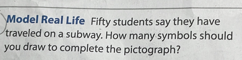 Model Real Life Fifty students say they have 
traveled on a subway. How many symbols should 
you draw to complete the pictograph?