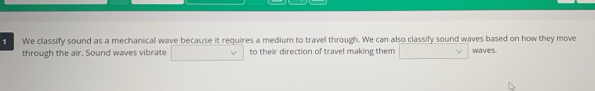 We classify sound as a mechanical wave because it requires a medium to travel through. We can also classify sound waves based on how they move 
through the air. Sound waves vibrate to their direction of travel making them waves.