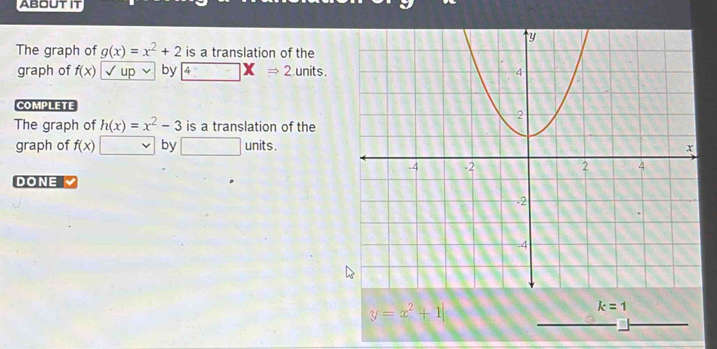 ABOUT IT 
The graph of g(x)=x^2+2 is a translation of the 
graph of f(x) up by 4 XRightarrow 2 units. 
COMPLETE 
The graph of h(x)=x^2-3 is a translation of the 
graph of f(x) by □ units. 
DONE
y=x^2+1|
k=1
__