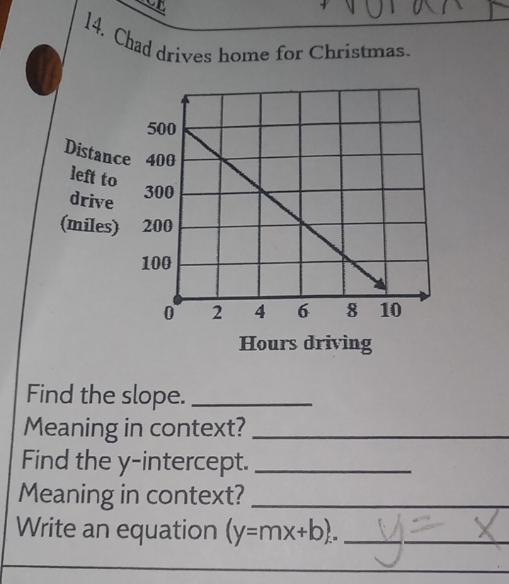 Chad drives home for Christmas. 
Distanc 
left to 
drive 
(miles) 
Hours driving 
Find the slope._ 
Meaning in context?_ 
Find the y-intercept._ 
Meaning in context?_ 
Write an equation (y=mx+b). _ 
_