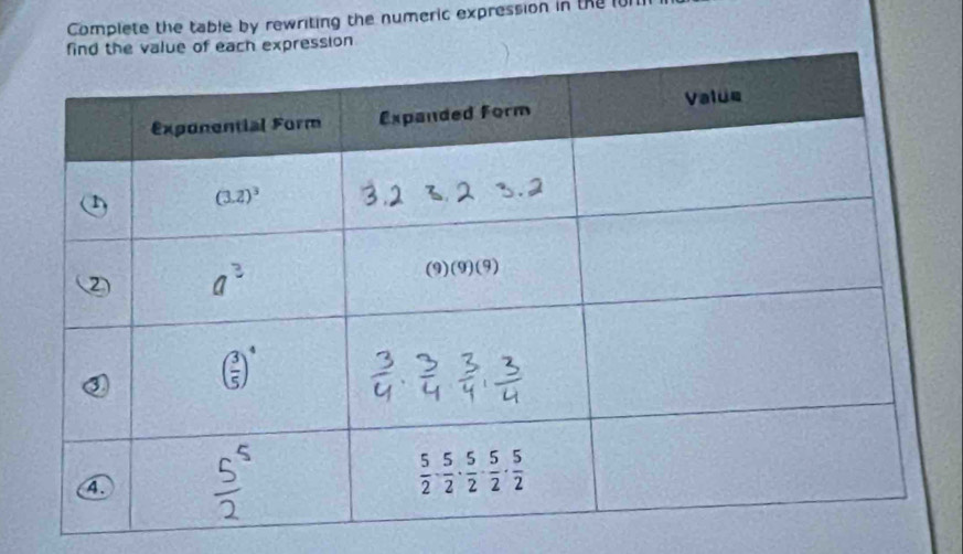 Complete the table by rewriting the numeric expression in the 10
h expression