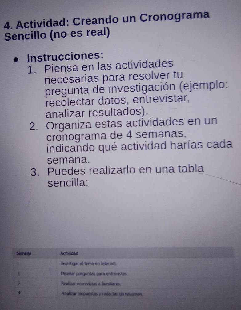 Actividad: Creando un Cronograma 
Sencillo (no es real) 
Instrucciones: 
1. Piensa en las actividades 
necesarias para resolver tu 
pregunta de investigación (ejemplo: 
recolectar datos, entrevistar, 
analizar resultados). 
2. Organiza estas actividades en un 
cronograma de 4 semanas, 
indicando qué actividad harías cada 
semana. 
3. Puedes realizarlo en una tabla 
sencilla: 
Semana Actividad 
1 Investigar el tema en internet. 
2 Diseñar preguntas para entrevistas 
3 Realizar entrevistas a familiares 
4 
Analizar respuestas y redactar un resumen.