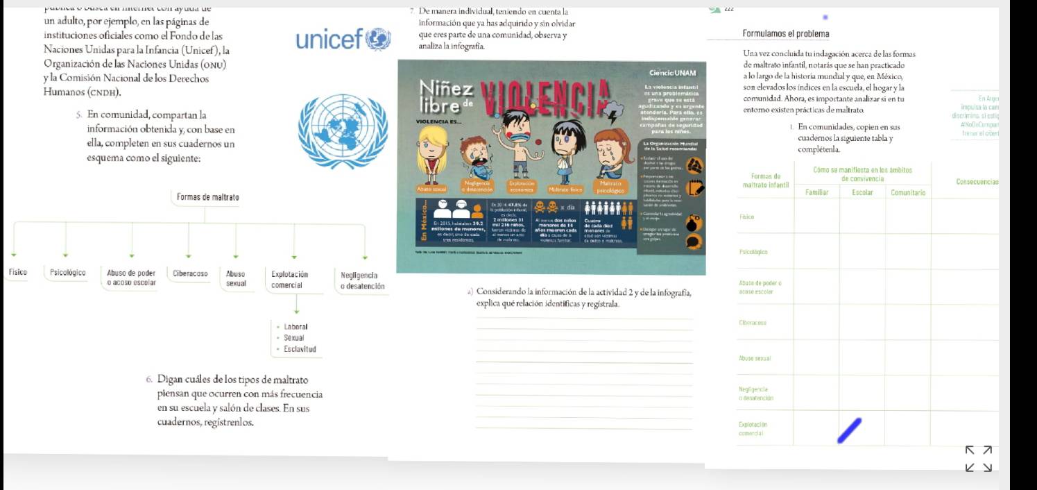 De manera individual, teniendo en cuenta la 
un adulto, por ejemplo, en las páginas de información que ya has adquirido y sin olvidar 
instituciones oficiales como el Fondo de las unicef analiza la infografía. que éres parte de una comunidad, observa y Formulamos el problema 
Naciones Unidas para la Infancia (Unicef ), la Una vez concluida tu indagación acerca de las formas 
Organización de las Naciones Unidas (onu)de maltrato infantil, notarás que se han practicado 
a lo largo de la historia mundial y que, en México, 
y la Comisión Nacional de los Derechosson elevados los índices en la escuela, el hogar y la 
Humanos (cndh). comunidad. Ahora, es importante analizar si en tu En Ange 
5. En comunidad, compartan laentorno existen prácticas de maltrato discrimins si esti; impuisa la cam 
información obtenida y, con base en. En comunidades, copien en sus #NoDeCumpan fumar el cow 
cuadernos la siguiente tabla y 
ella, completen en sus cuadernos un 
esquema como el siguiente: 

F 
a) Considerando la información de la actividad 2 y de la infografía, 
explica qué relación identificas y registrala. 
_ 
_ 
_ 
_ 
_ 
6. Digan cuáles de los tipos de maltrato 
_ 
_ 
piensan que ocurren con más frecuencia _ 
en su escuela y salón de clases. En sus 
_ 
cuadernos, registrenlos. 
_ 
_ 
K