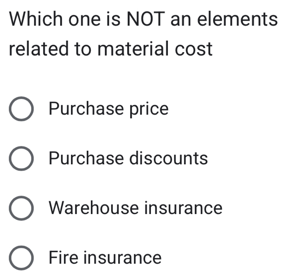 Which one is NOT an elements
related to material cost
Purchase price
Purchase discounts
Warehouse insurance
Fire insurance