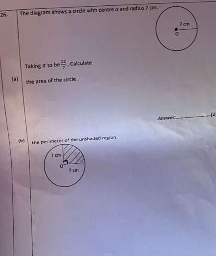 Solved: The diagram shows a circle with centre o and radius 7 Taking π ...
