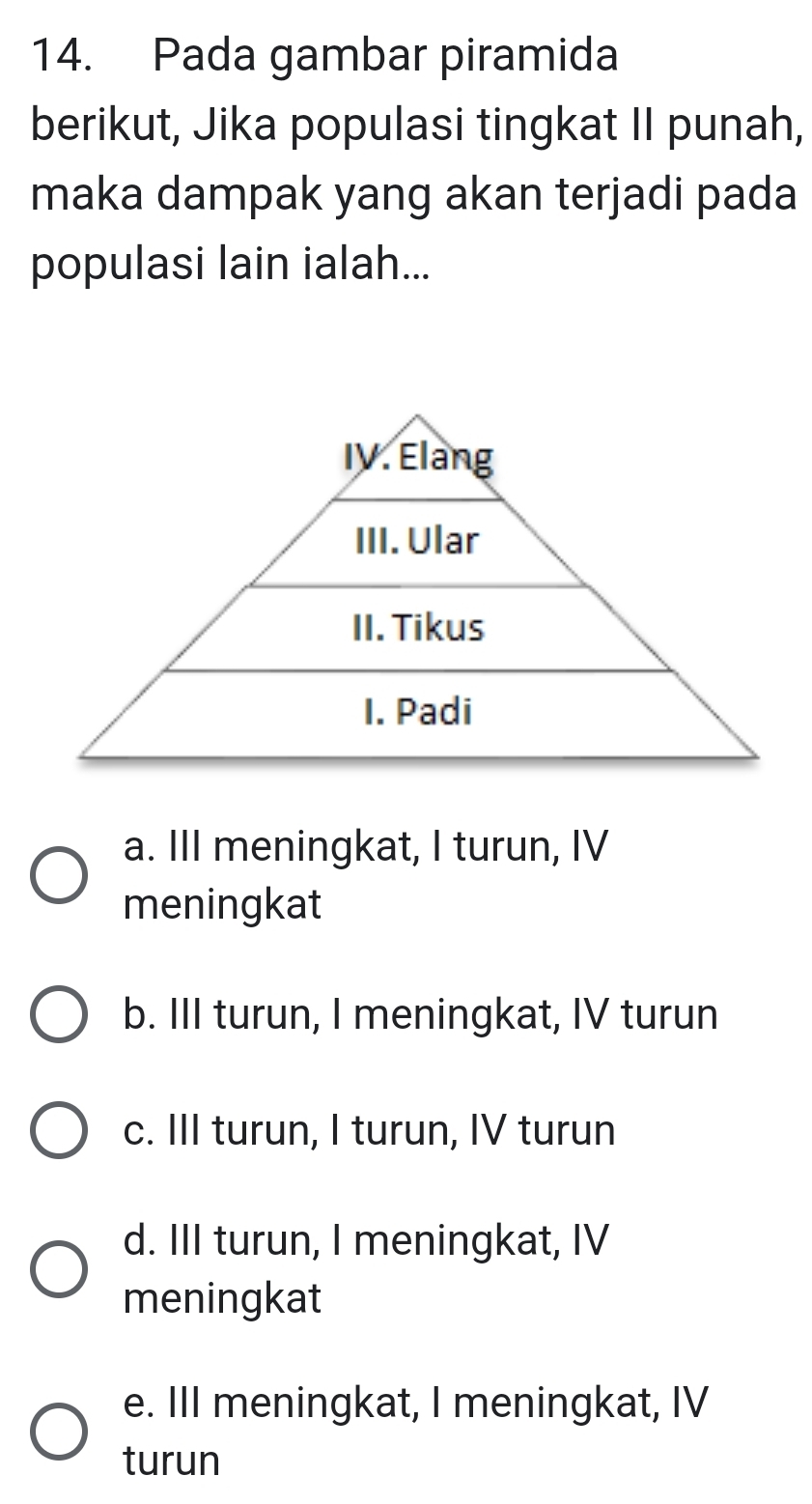 Pada gambar piramida
berikut, Jika populasi tingkat II punah,
maka dampak yang akan terjadi pada
populasi lain ialah...
a. III meningkat, I turun, IV
meningkat
b. III turun, I meningkat, IV turun
c. III turun, I turun, IV turun
d. III turun, I meningkat, IV
meningkat
e. III meningkat, I meningkat, IV
turun