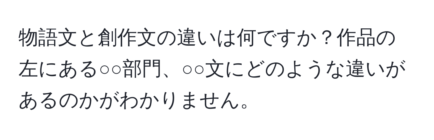 物語文と創作文の違いは何ですか？作品の左にある○○部門、○○文にどのような違いがあるのかがわかりません。