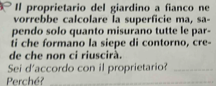 Il proprietario del giardino a fianco ne 
vorrebbe calcolare la superficie ma, sa- 
pendo solo quanto misurano tutte le par- 
ti che formano la siepe di contorno, cre- 
de che non ci riuscirà. 
Sei d'accordo con il proprietario?_ 
Perché?_