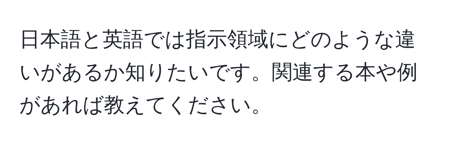 日本語と英語では指示領域にどのような違いがあるか知りたいです。関連する本や例があれば教えてください。