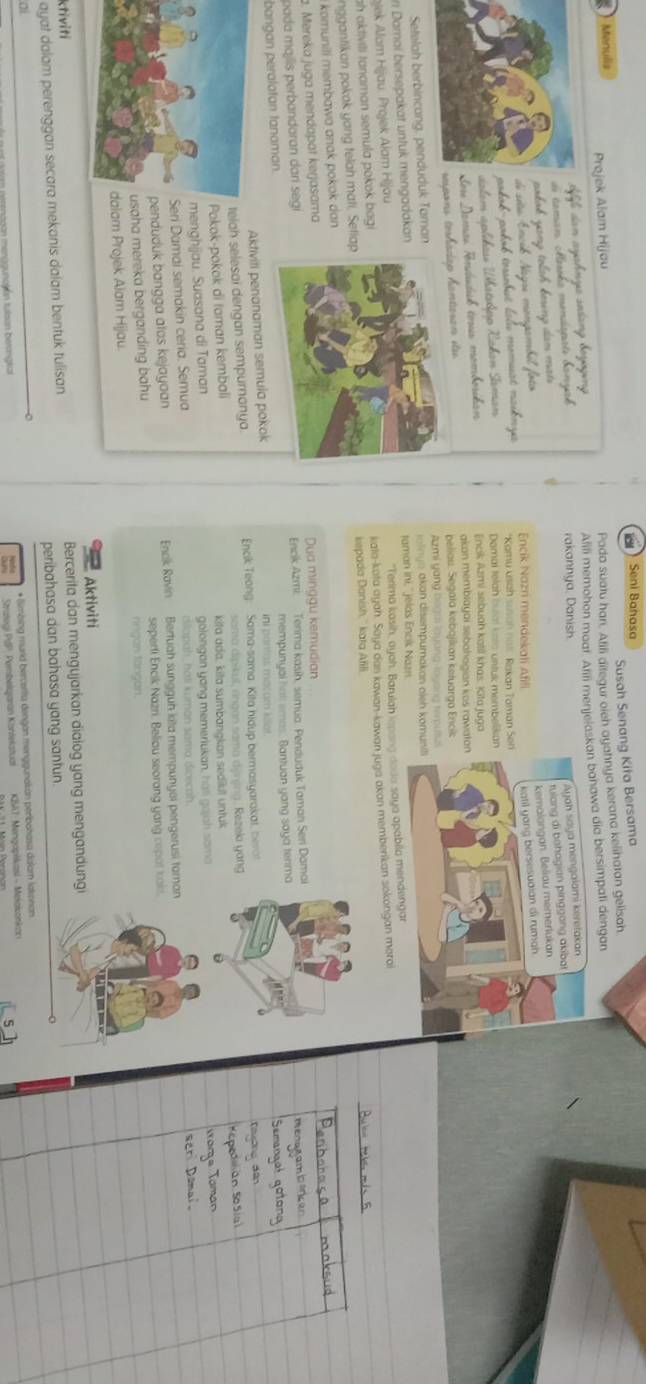 a Seni Bahasa
Susah Senang Kita Bersama
Menulis
Projek Alam Hijau
Pada suatu han. Afifi ditegur oieh ayahnya kerana kelihatan gelisah.
Afili memohon moat. Afiti menjelaskon banawa dia bersimpati dengan
rakannya, Danish.
okok yang tolah koring dam mats
ałak-pałab tesobut lelu momust naiknya Encik Nazri mendekali Afill
situ Encik Nagui mongam
*Kamu usah susan not Rakan Taman S
lem aplibau Wbatslpp Rakan Saman 
Damai telah butal koto untuk membelik
re Domas Fortutak toux momborikian Encik Azmi sebuah katil khas: Kita jugo
akon membiayai sebohogión kos rawa
pons torhécap honteron itu.
beliau. Segata kebajikan ketuarga Enicik
Azmi yang bogm layang-loyang terout
Setelah berbincang, penduduk Tamanionyo akan disempurakan aleh kom
r Damai bersepakat untuk mengadakantaman ini, ' jelas Encik Nazi
ojek Alam Hijau. Projek Alam Hijau"Terima kasih, ayah. Barulah lopang doda saya apabila men
ah aktiviti tanaman semula pokok bagi kata-kata ayah. Saya dan kawan-kawan juga akan memberikan sokongan marai
nggantikan pokak yang telah mati, Setiapkepada Danish.'' kata Afili.
i komunili membawa anak pokok dan
a. Mereka juga mendapat kerjasama
Dua minggu kemudian
pada majílis perbandaran dan segi Encik Azmi: Terima kasih, semua. Penduduk Taman Seri Damai
bangan peralatan tanaman.mempunyal ha emas. Bantuan yong saya tenma
Aktiviti penanaman semula pokok n partas macom klot
lah selesai dengan sempurnanya.  Encik Teang: Sama-sama. Kita hidup bermasyarakat, herot
sama dipikuī, rngan sama djinjing. Rezeka yang
okok-pokok di taman kembali kita ada, kita sumbangkan sedilut untuk
enghijau. Suasana di Taman golongan yang memeriukan, hali gajah sama
ri Damai semakin ceria. Semua dilapah, holi kuman sama dicecah.
nduduk bangga atos kejayaan Encik Ravin Bertuah sungguh kita mempunyai pengerusi taman
seperti Encik Nazri. Beliau seorang yang copat kak.
ha mereka berganding bahu ringan fängan.
m Projek Alam Hijau.
Aktiviti
ayat dalam perenggan secara mekanis dalam bentuk tulisan Bercerita dan mengujarkan dialog yang mengandungi
ktiviti
peribahasa dan bahasa yang santun.
ai
En meroguncción tulsan berangian * Simbing murld bercerta dengan menggunakan peribohasa dalam lakonan
Stratogi PdP: Pembelajaran Konfekatual  KSAT : Mengaphkasi - Meiakońkon