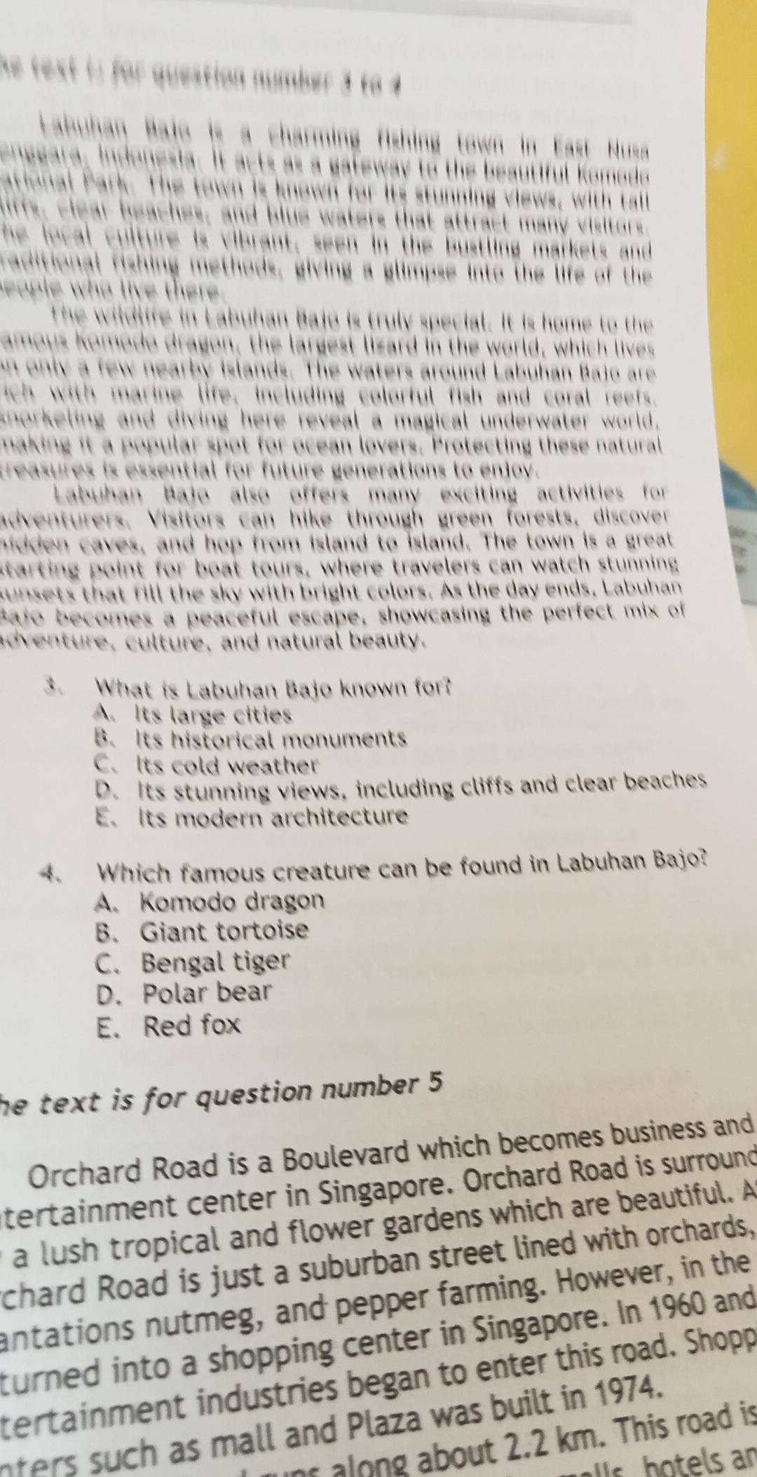 ami g fi in tow i Fast 
o i now or i nin v iew w i 
c es n d blu s ter a a c 
n m thods, giving a glimpse into the life of th 
in L abu h an Ba jo i tru speci l . it i h 
komodo dragon, the largest lizard in the world, whi c li 
o l f ew e rb i l n ds . T he w ters ro L ab h Ba i e
with marine life, including colorful fish and coral reef.
k norkeling and diving here reveal a magical underwater world .
king it a popular spot for ocean lovers. Protecting these natural
easures is essential for future generations to eniov.
abuhan Bajo also offers many exciting activities fr 
adventurers. Visitors can hike through green forests, discover
hdden caves, and hop from island to island. The town is a great
sarting point for boat tours, where travelers can watch stunning
f t e sky w ith b right colors. As the day ends. Lab u han
Bajo becomes a peaceful escape, showcasing the perfect mix of
a ture, cu lture, and natural beau ty.
3. What is Labuhan Bajo known for?
A. Its large cities
B. Its historical monuments
C. Its cold weather
D. Its stunning views, including cliffs and clear beaches
E. Its modern architecture
4. Which famous creature can be found in Labuhan Bajo?
A. Komodo dragon
B. Giant tortoise
C. Bengal tiger
D. Polar bear
E. Red fox
he text is for question number 5
Orchard Road is a Boulevard which becomes business and
tertainment center in Singapore. Orchard Road is surround
a lush tropical and flower gardens which are beautiful. A
chard Road is just a suburban street lined with orchards,
antations nutmeg, and pepper farming. However, in the
urned into a shopping center in Singapore. In 1960 and
tertainment industries began to enter this road. Shopp
ters such as mall and Plaza was built in 1974.
i a o g about 2.2 km. This road is
tels ar